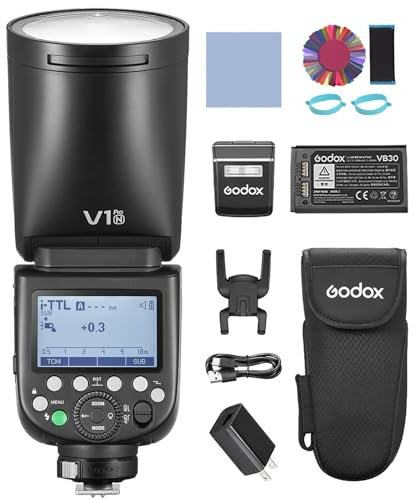 GODOX V1PRON 2.4G kabelloser Rundkopf Kamerablitz Speedlite i-TTL mit M/TTL-Blitzmodus 1/8000 s HSS, 1,3 s Wiederaufladezeit mit abnehmbarem Sub-Blitz+24 Stück Blitzgele für Nikon Kameras