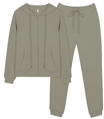 REORIA Women Zip Up Hoodie and Slim Long Pants Warm Cotton Lounge Wear Sets Two Piece Outfit Thick Long Sleeve Tracksuits Full Set Co Ord Sets With Pockets Grey Green M