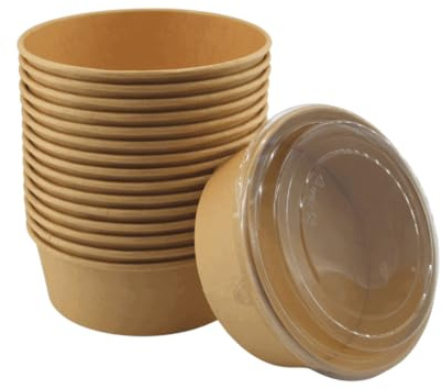 KURTT - 100 Stück Karton-Salatschalen mit Deckel - 1300 ml Kraftsalatschüssel - Pokébowl - 1300cc - brauner Behälter - Runde Salatschale mit Deckel - 1300ml - Lunchbox - Takeaway Behälter, PK-1300ML