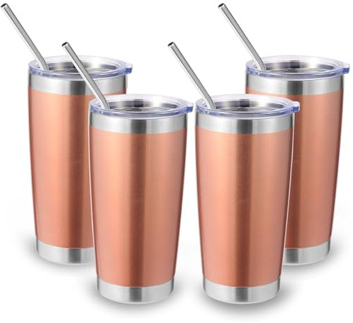 Volhoply 550 ml reseisolerat glas med lock och sugrör storpack 4-pack, dubbelvägg rostfritt stål kaffemugg passar mugghållare, pulverlackerad kopp för varma och kalla drycker, BPA-fri (roséguld, 4 set