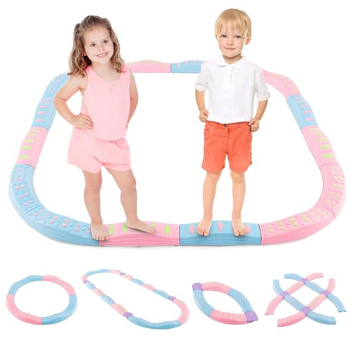 GYMAX Kids Balance Beam, 20 Pcs Toddler Balance Board with Non-slip Surface and Bottom, Outdoor Indoor Colorful Stepping Stones Children Obstacle Course for 3 Years Old+ Boys Girls (Macaron Pink)