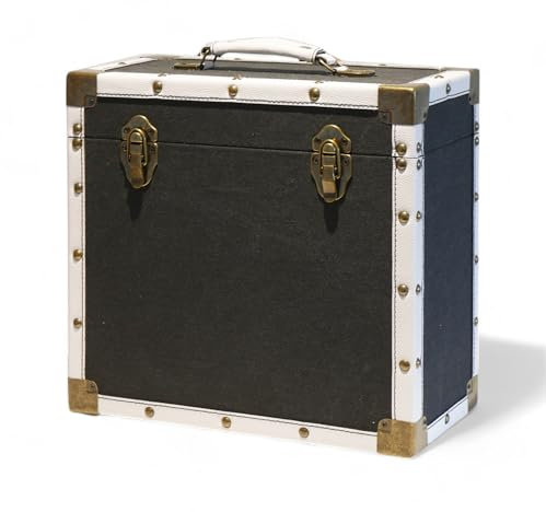 Steepletone 12 Vinyl Record Storage Box Case, with Carry Handle, Luxury Fabric and Leather Finish, Holds up to 45 LP's (Black Cloth & White Leather)
