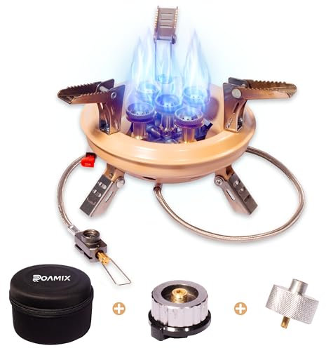 Roamix 54,500 BTU Multi-Fuel Portable Camping Stove – 16,000W Collapsible Windproof Burner with Fuel Canister Adapter & Carrying Case for Outdoor Cooking, Backpacking & Emergency Use