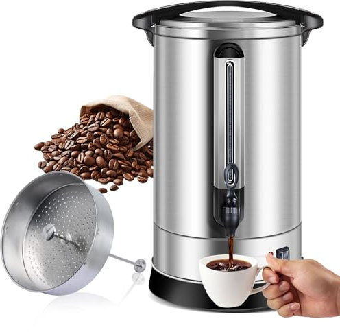 Homtone percolateur à café 120 tasses/18L à double paroi, percolateur industriel avec filtre rond et robinet, distributeur d'Eau Chaude pour Café, Thé, 1500W (Argent)