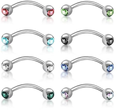 DHFUCNKO 8Pcs Curved Barbells Gem Eyebrow Bar Ear Daith Rook Helix 16G Rook Piercing Jewellery 8mm with Crystal Colour Balls for Women Men
