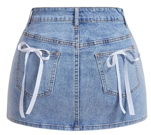WDIRARA Women's Bowknot High Waist Denim Skirt Y2k Bodycon Mini Skirts with Pockets Blue Petite S