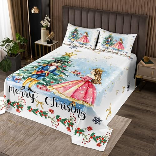 Loussiesd Christmas Nutcracker Quilted Coverlet King Size Xmas Tree Bedspread for Boys Girls Children Watercolor Nutcracker Coverlet Set Room Decor Soldier Prince Quilted 3Pcs