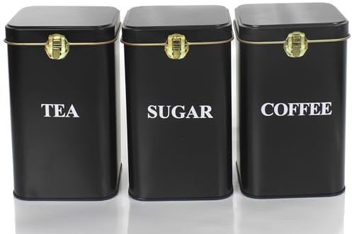 Habwah Tea, Coffee and Sugar Canisters, Metal Storage Jar Container Set With Lid, 800ml (Black)