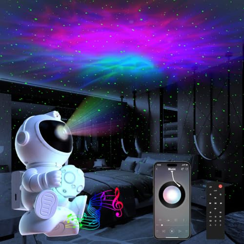 HONPHIER Proyector Estrellas con Altavoz Proyector Galaxia Astronauta con Nebulosa 8 Modos Lampadario a Nebbia Astronauta LED para Niños y Adulto (Luna)