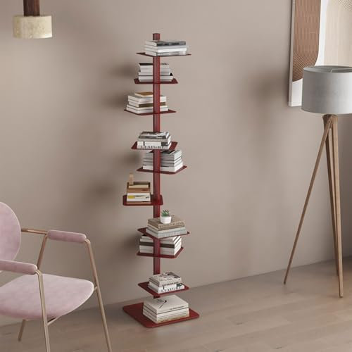 CADEHUB BüCherregal Drehbar, Platzsparendes BüCherregal, BüCherturm Aus Metall Mit Vertikalem RüCken, Schlichtes Design, Nur 40 cm StandfläChe, DIY-BüCherregal Zur Dekoration red