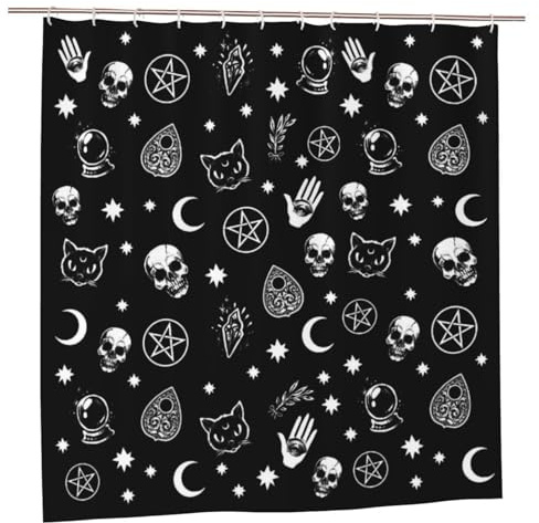 Newhomestyle Gothic Totenkopf Katze Mond Duschvorhang, Halloween, schwarzes Thema, Badezimmer-Vorhang, wasserdicht, schnell trocknend, Polyester, Badewannenvorhang mit 12 Haken, 180 x 180 cm