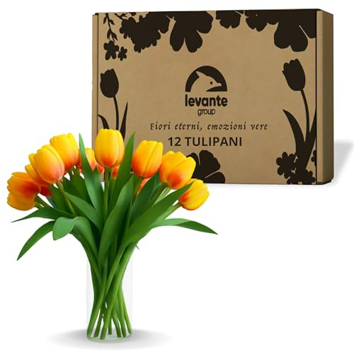 levante group – Tulipani Finti Realistici in Lattice Arancione – 12 pz in Box Regalo – Fiori Artificiali per Casa, Ufficio, Eventi