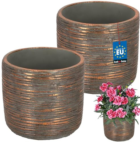 KOTARBAU® 2er Set Blumentopf Groß - Pflanzkübel - ⌀ 12 cm H: 13 cm - Keramik - Kupfer - Pflanztopf - Orchideentopf - Design - Stilvoll - Blumenübertopf - Außen