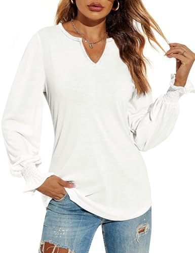 DUOEASE Magliette Donna Manica Lunga Maniche a Sbuffo Top Scollo a V Soft Maglia Donna Invernale Bianco-L
