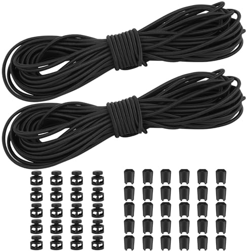 2 cuerdas de goma elástica de 10 m, 3 mm, cordón de goma redondo de 3 mm, cuerda de goma con tope de cordón, 2 agujeros y pinza de cordón, cordón elástico para mochila, vestido, tendedero