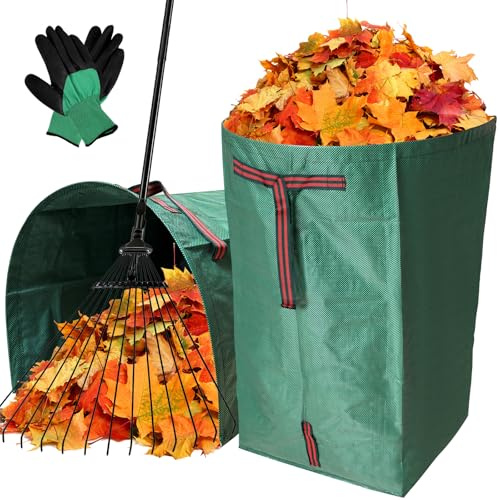 Fuyuleyo Garden Waste Bags 270L x 2 Heavy Duty Dustpan Type Garden Bags with Handles and Gloves, Reusable Large Green Sacks Waterproof Garden Rubbish Bags for Leaves Grass Trash Debris