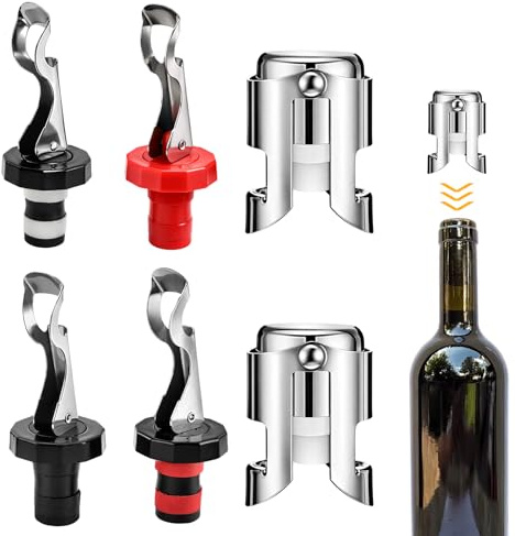 Wine Bottle Stoppers, Wine Stopper Set of 6 Champagne Stoppers with Two Long Spout Stoppers and Four Clamp Stoppers, Ideal for Preserving Sparkling Wine and Champagne Freshness