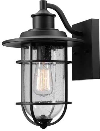 Globe Electric 44094 1-Light Outdoor/Indoor Wall Sconce, Black Finish, Seeded Glass Shade, Coastal Modern Design, Weather-Resistant, E26 Base