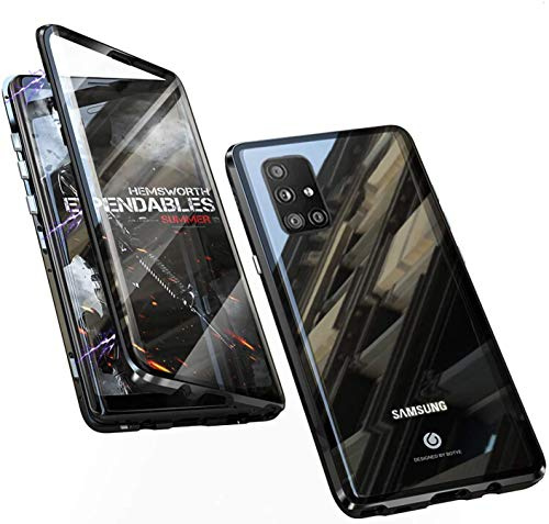 Handyhülle für Samsung Galaxy A51 Hülle Magnetische Adsorption Case Metallrahmen Handyhülle Ultra Dünn 360 Grad Schutzhülle Vorne und Hinten Schutz Transparent Gehärtetes Glas Flip Cover,Schwarz