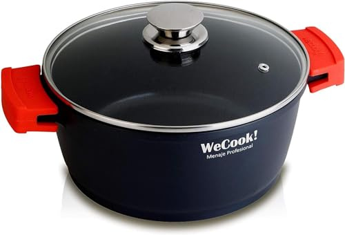 WECOOK! Ecostone Cazuela Alta Inducción con Tapa de Cristal 28cm, Antiadherente XTRA DUPON Ecológico sin PFOA, Aluminio Fundido, 5mm Espesor, 9cm Alto, Asas de Silicona, Vitrocerámica, Gas | Horno hasta 230 °C, válvula de vapor, distribución uniforme del calor y apta para lavavajillas