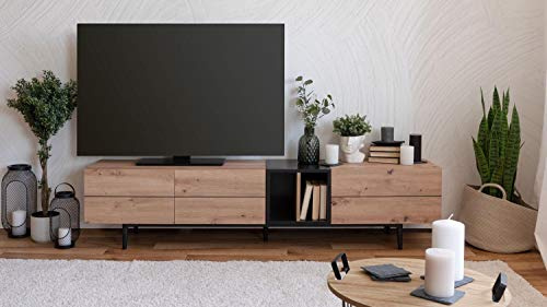 Meuble TV 3 abattants - Décor chene et noir - L 195 x P 37 x H 48 cm - NOLA