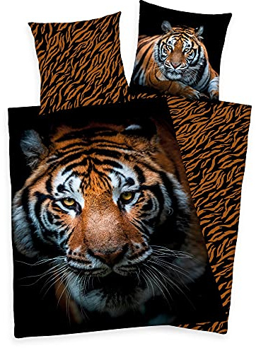 Herding Set di biancheria da letto double-face con tigre, 135 x 200 cm, 80 x 80 cm, 100% cotone