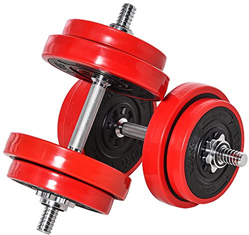 HOMCOM 20/30 KG Hantelset 2-IN-1 Verstellbar Rot Schwarz 21,5x21,5x3,8 cm | Hanteln&Langhanteln, Gewichtheben, für Zuhause, Fitness, Muskel