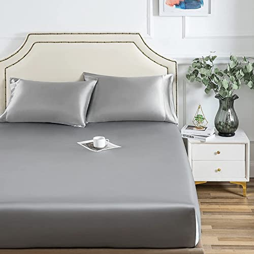 Damier Satin Spannbettlaken 120x200cm Grau Seide Glänzend Spannbetttuch Hochwertiges Satin Deluxe Bettlaken, geeignet für Matratzen bis 25cm