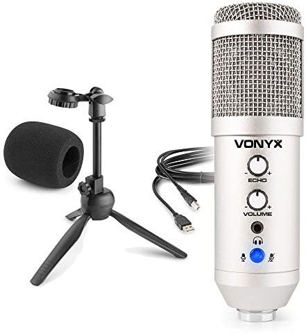 Vonyx CM320S Micrófono cardioide de Estudio USB Plateado con Efecto Echo y Ajuste de Ganancia, Interface de Audio incorporada, Salida de Auriculares, Soporte de Mesa Plegable y para Espuma Vientos