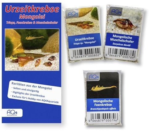 AQ4Aquaristik Mongolische Urzeitkrebse - Triops - Feenkrebse - Muschelschaler - 3 Arten Eier (Zuchtansatz) - mit Anleitung - TOP RARITÄT | für Aquarium, Triops, Fische, Garnelen, Schnecken