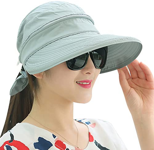 Outdoorhut Damen UV Schutz Visoren Cap Frauen Einstellbar Outdoor Strand Hut Sonnenschutz Sonnenblende Kappe Große Schirm Sonnenhut Abnehmbar Atmungsaktiv Schirmcap Sommerhut für Urlaub Fahrrad