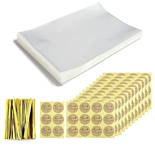 150 pieces of transparent OPP plastic bags, 150pieces of stickers, 200 pieces of sealing wire, transparent cellophane bags for candy biscuits, chocolates, pastries, pearl jewelry gift packaging