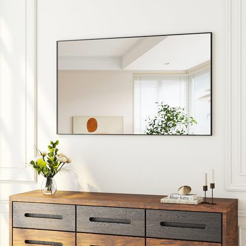 Boromal Spiegel Schwarz 100x60cm Schwarz Rechteckiger Spiegel mit Rahmen Badspiegel Vertikal/Horizontal Wandspiegel Schwarz Morden Dekorative Schwarzer Spiegel