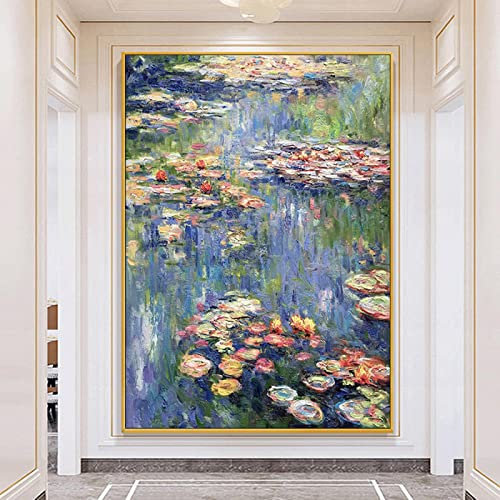 HOLEILUCK Berühmte Monet Ölgemälde Abstrakte Blume Seerose Seeblick Lila Leinwand Gemälde Wohnzimmer Dekoration Wandbild 90x142cm(35.4x55.9in) Withframe