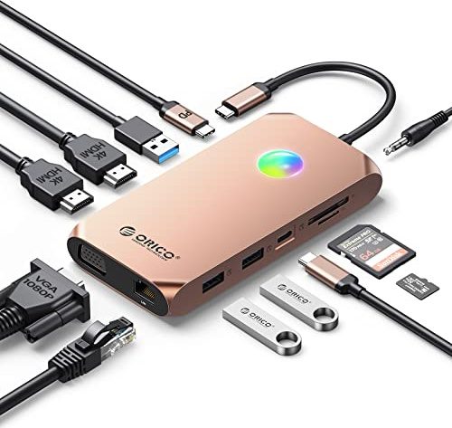ORICO 12 en 1 USB HUB,Estación de Acoplamiento RGB USB C HUB, Dual 4K HDMI, 100W Power Delivery, 1 Gbps Ethernet, 3 Puertos de Datos USB 3.0, SD y TF 3.0, 1080P VGA, 14 Tipos de iluminación RGB