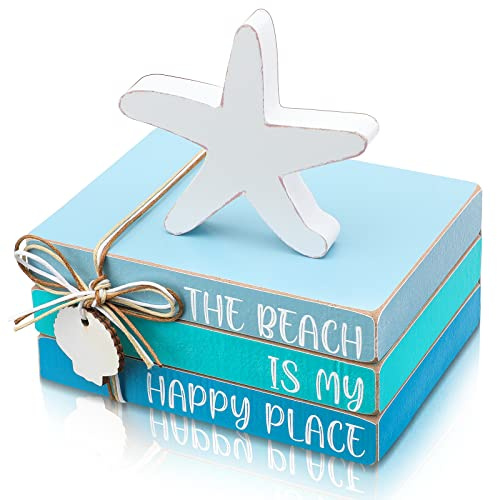 Pinkunn 4 Pcs Summer Table Decorations Beach Starfish Seashell Tiered Tray Wooden Block Sign Stacked Book Nautical Decorative Signs & Plaques for Tabletop Shelf Mantel Living Room Office Desk