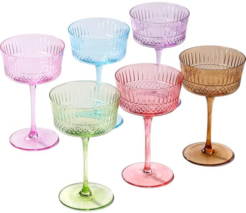 Physkoa Vintage Colored Coupe Glasses 9.3 oz Art Deco Coupe Glasses Set of 6-Crystal Martini Cocktail Glasses-Vintage Cocktail Glasses Set-Classic Colored Coupe Glasses