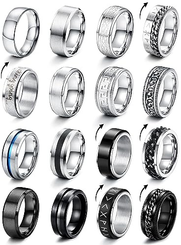 CASSIECA 16 Pcs Bague Homme Acier Inoxydable Bague Argent Mat Noeud Celtique Biker Bague Noir Chaîne Bague Band Promise Ring 57
