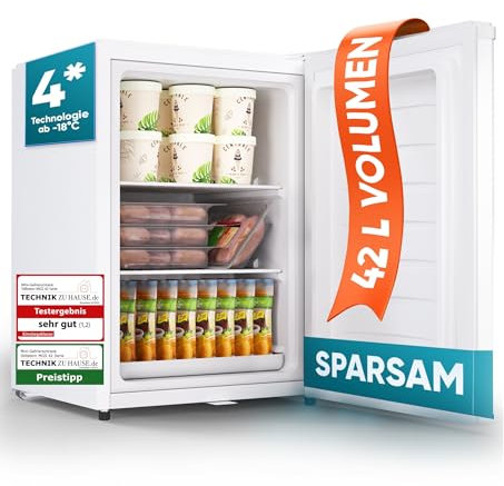 Stillstern Mini Gefrierschrank (42L) -18°C, Eiswürfelschale, Schloss, Türanschlag wechselbar, 4-Sterne Tiefkühlschrank für Camping/Büro Gefriertruhe Klein Gefrierschrank Klein Tiefkühltruhe