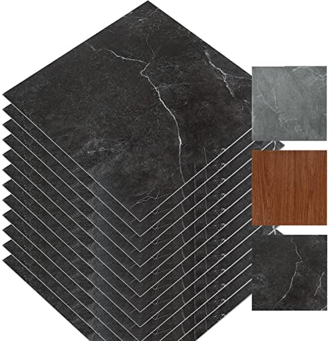 Eulenke Revêtement de Sol PVC Auto-adhésif Feuille de Sol Autocollante Carrelage de Salle de Bain en Vinyle 30x30cm Marbre Noir 2m²/22 Pièces (22X)