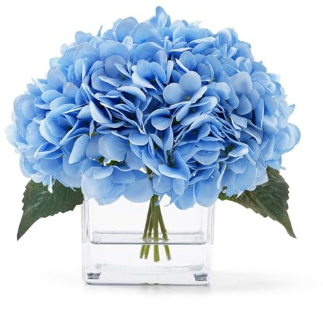 JOJOWOO Blaue Hortensien Blumen in Vase, Seidenblumen in Vase mit Kunstwasser für Heimdekoration Innen (blau)