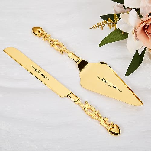 Munidow Personalized Cake Knife and Server Wedding Cake Knife and Server Set Gold Cake Cutting Set Custom Wedding Cutlery for a Perfect Cake Cutting Ceremony (F - Love Suit)