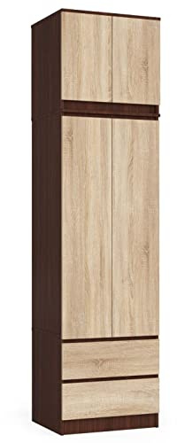 AKORD Kleiderschrank S60 mit Erweiterung 60 cm | mit 2 Türen und 2 Schubladen | Kleiderschrank mit Auszug | Geräumiger Innenraum | B60 x H234 x T51 cm | Gewicht 78,05 kg | Wenge/Sonoma Eiche