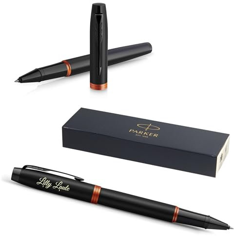 PARKER IM Professionals Vibrant Rings Tintenroller mit Gravur | Premium Stift | Geschenkbox | schwarze Mine | personalisiertes Geschenk | Namen | Geburtstag (Orange PVD)