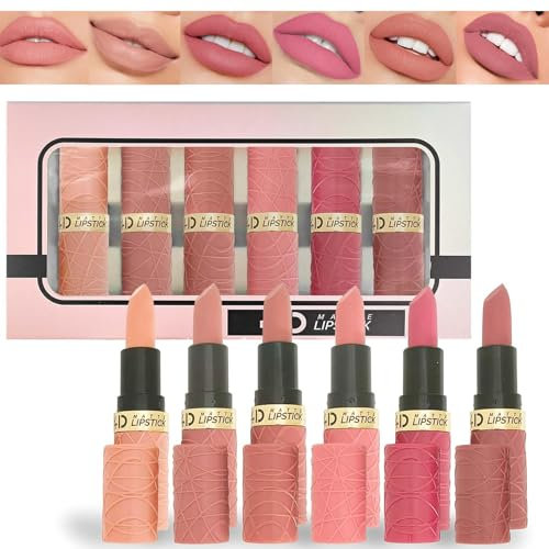 Gireatick 6pcs Matte Lippenstift Make-up Set, Nude/Pink/Rose Rot/Mauve/Braun Matte Lippenstift Pack Sets für Frauen, Silky Velvet Lippenstift Matt Lang Anhaltender Wischfester Lippenstift