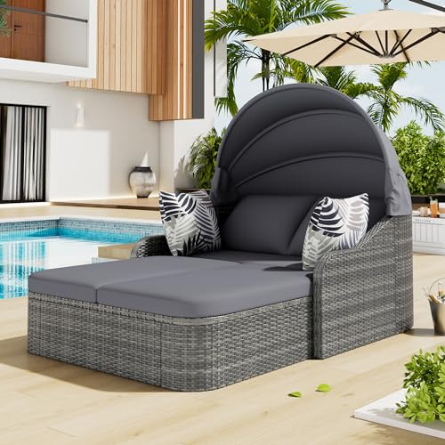 Merax Polyrattan Sonnenliege mit verstellbarem Baldachin, Outdoor Rattan-Lounge Sonneninsel, Doppelliege Gartenliege mit Kissen, Daybed für Schwimmbad, Terrasse, Balkon, Gartenmöbel Set, Dunkelgrau