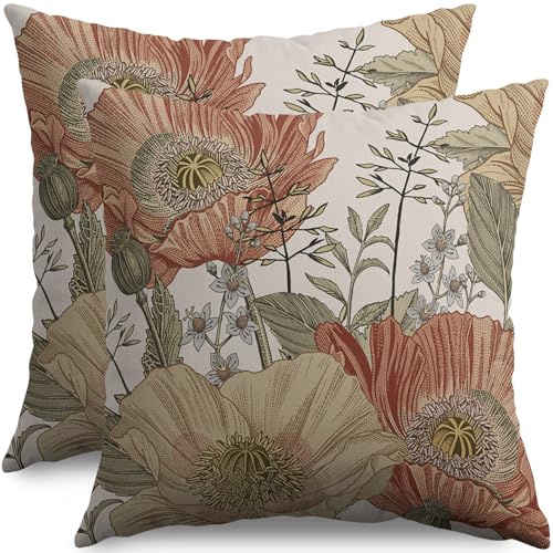 Sivirary Kissenbezüge mit Vintage-Blumenmuster, 50,8 x 50,8 cm, 2 Stück, braune, rostfarbene Blumen, botanische Dekoration, rustikale Dekoration, Geschenk, Bauernhaus, Sofa, Couch, Bett-Dekoration