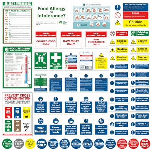 Complete Kitchen Safety Signs Set - 68 Pcs - Matte Self-Adhesive Vinyl, Waterproof and Oil-Proof - Food Hygiene Stickers, Ensure Safety and Compliance in Commercial Kitchens