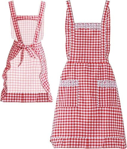 AMJKEJI Klassiskt rött och vitt rutförkläde med 2 fickor, vattentätt köksförkläde, kockförkläde för matlagning, bakning, trädgårdsarbete, presenter till mamma, fru, flickvän