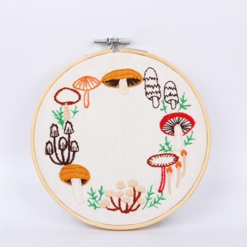 N.LANSHAN Sticken Für Anfänger Stickset Mit Cartoon-Pilz. Bunte Pilze. 3D-Stickerei-Starter-Kit Mit Anleitung，Stickrahmen，Fäden Und Werkzeugen. 30x30cm